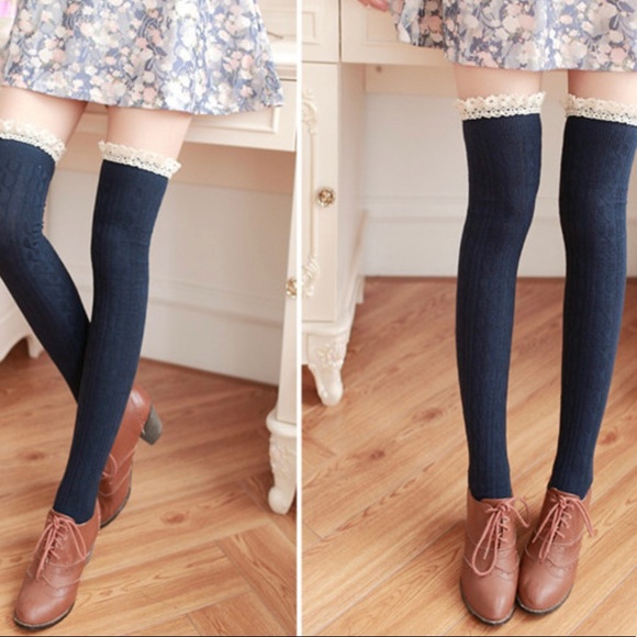 Thigh High Socks With Lace Navy Blue - Picture 4 of 4